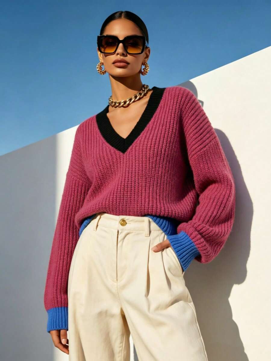 Women's Colorblock V-Neck Chunky Knit Sweater, Black Collar & Blue Cuff Patchwork, Loose Drop Shoulder Long Sleeve Lazy Pullover Top - Hot Pink - View 1