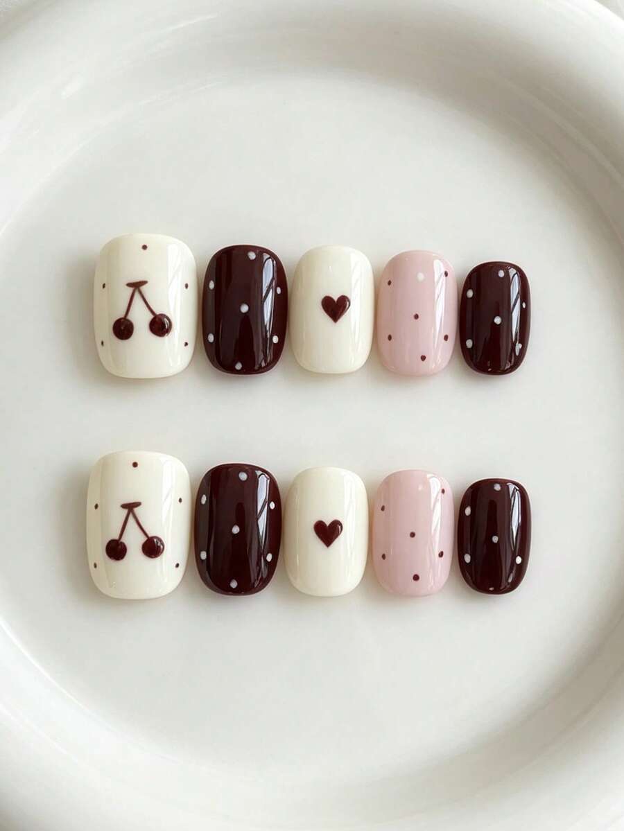 10pcs Short Square Press On Nails, Autumn Cherry Heart Polka Dot Fake Nails, Minimalist Y2K Glossy Reusable False Nail Tips For Daily Holiday Party Wear, Spring Summer Autumn Winter - Multicolor - View 1