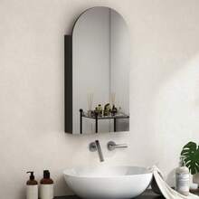 Frameless Arched Mirror Bathroom Cabinet With Adjustable Glass Shelves, Black - Black - View 9