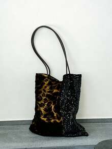 Tas Tote Sequin Patchwork Motif Leopard Gaya Hot Girl, Tas Bahu Kapasitas Besar Gaya Manis dan Keren, 1 buah Tas Wanita Poliester Colorblock - Hitam - View 5