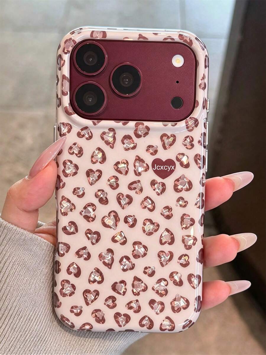 Y2K Shiny Cute Heart Leopard Print Phone Case, Compatible With IPhone 18 Pro Max 18 Pro 17 Pro Max 17 Pro 17 16 Pro Max 16 Pro 16 15 Pro Max 15 Pro 14 Pro Max 14 Pro 13 12 11, Glossy Sequin Shockproof Protective Back Cover, Suitable For Girls