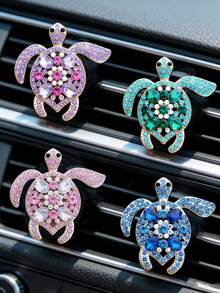 1/2/3pcs Alloy Rhinestone Colorful Gemstone Turtle Car Air Vent Clip Decor Aromatherapy Diffuser Cute Car Interior Fragrance (Includes Solid Fragrance Pad) - Multicolor - View 2