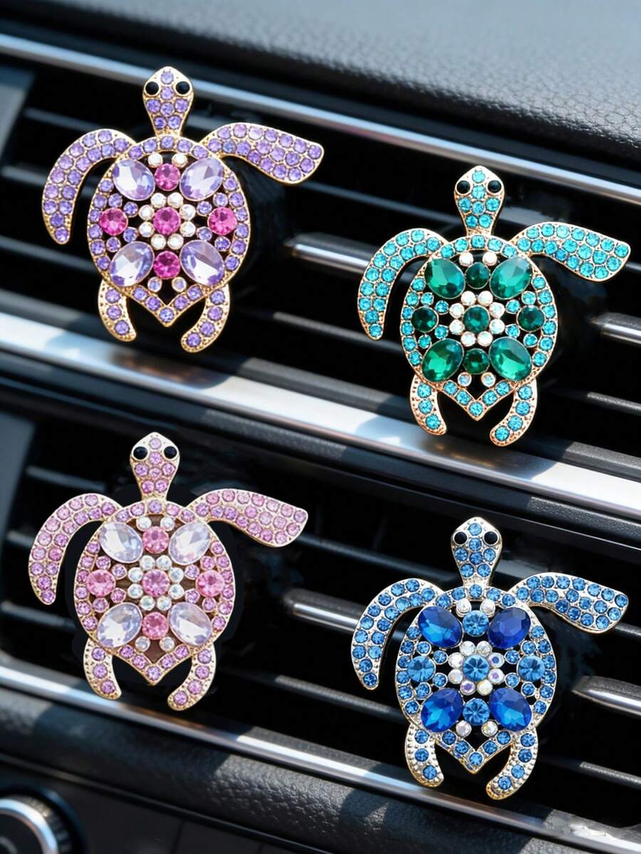 1/2/3pcs Alloy Rhinestone Colorful Gemstone Turtle Car Air Vent Clip Decor Aromatherapy Diffuser Cute Car Interior Fragrance (Includes Solid Fragrance Pad)