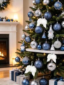 44pcs Blue & Silver Christmas Ball Ornament Set With String, Shatterproof Christmas Tree Hanging Decorations, Christmas Party Decor, Suitable For Holidays, Weddings, Christmas Tree Decoration And Parties, Christmas Gift, 5/4/3cm (1.9/1.5/1.1in) - Blue Silver - View 5