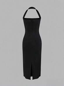 Women's Solid Color Elegant Mid-Length Dress, Light-Colored Fabric Slightly Sheer, Suitable For Daily Wear, Gatherings And Dates, Summer Dress - Black - View 8