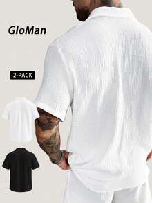 GloMan Old Money Men's Black/White 100% Pure Cotton Textured Wrinkled 2pcs Button Short Sleeve Shirts, Suitable For Autumn Vacation, Daily, Party, Halloween/Christmas, Father Style - Multicolor - View 2