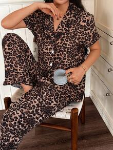 2pcs/Set Women's Leopard Print Short Sleeve Lapel Lace Trim Top And Long Pants Pajama Set, Suitable For All Seasons - Brown - View 6