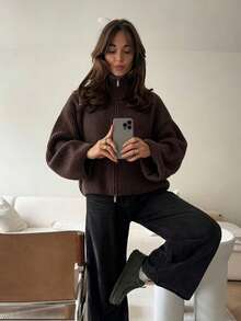 Cardigan Rajut Bergaris Cokelat Tua Wanita dengan Resleting, Jaket Sweater Longgar Leher Tinggi dan Bahu Jatuh, Pakaian Luar Kasual Nyaman untuk Musim Gugur/Dingin - Coffee Brown - View 5