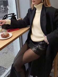 女款秋冬新款高領灰色極簡通勤修身優雅羅紋長袖針織套頭毛衣 - 米杏 - 查看 5