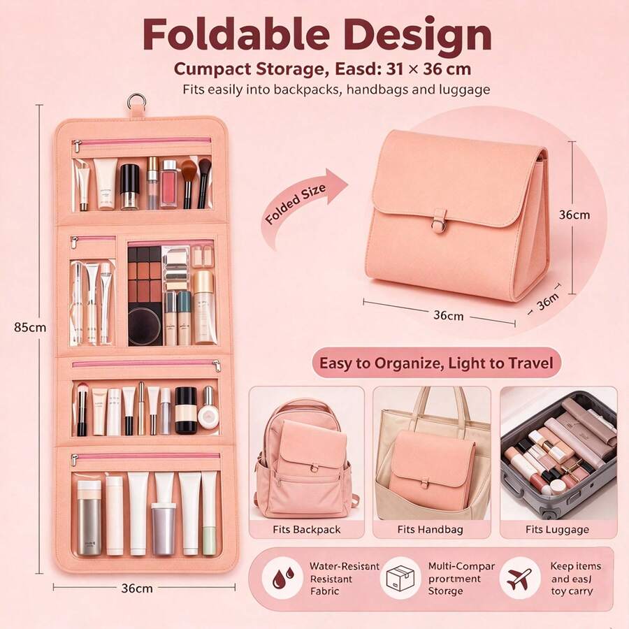 Women's Hanging Makeup Bag With Mirror - Foldable Waterproof Felt Storage Bag, Large Capacity Felt Material, Waterproof Foldable Design, Includes Mirror; Suitable For Travel, Gym, Cruise - Multicolor - View 1