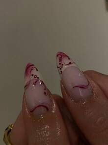 24Pcs Medium Almond Press On Nails, Fall Retro Burgundy Vines Graffiti Nails, Light Purple Nude Base, Cream‑White Gradient French Tip, For Thanksgiving Christmas Holiday Party & Dating - Watermelon Pink - View 5