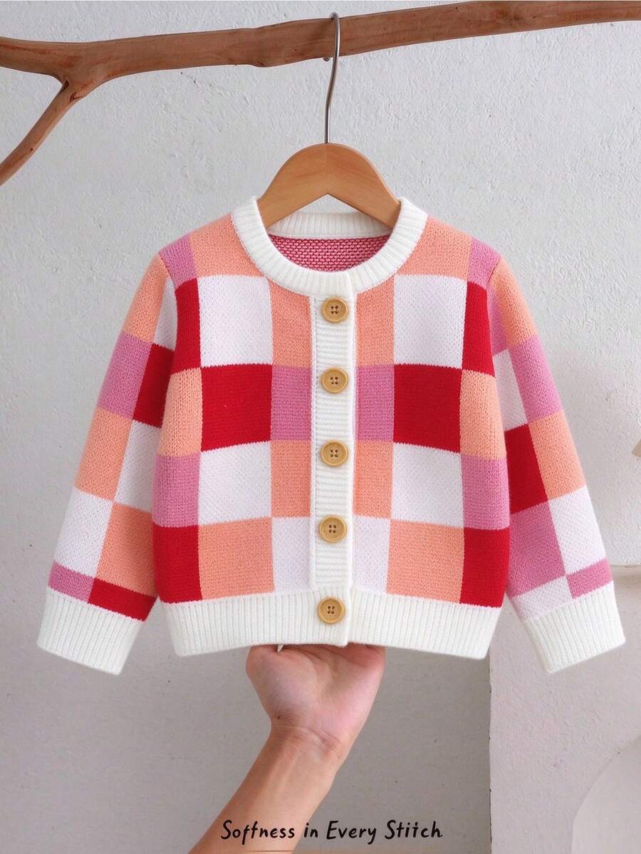 Baby Girl Plaid Pattern Single-Breasted Casual Knit Cardigan - White - View 1