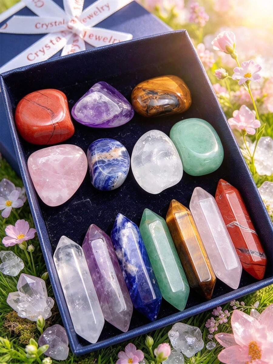 14pcs/Set Polished Natural Crystal Stones, Double & Single Point Gift Box, Meditation Balance Energy, Home Desktop Decor - Natural Crystal Stone Decoration - View 1