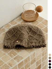 Solid-Color Rhombus Texture Raw-Edge Knitted Beanie Hat For Women, Autumn/Winter Fashion Warm Versatile Face-Slimming Ear-Protecting Woolen Cap - Fringed Diamond Pattern - View 9