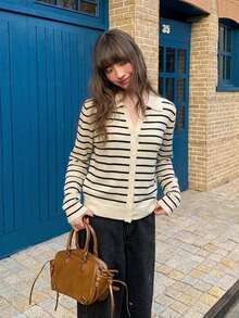 Contrast Color Striped Lapel Collar Spring Summer Autumn Long Sleeve Front Button Ribbed Casual Women's Cardigan - Apricot - View 2