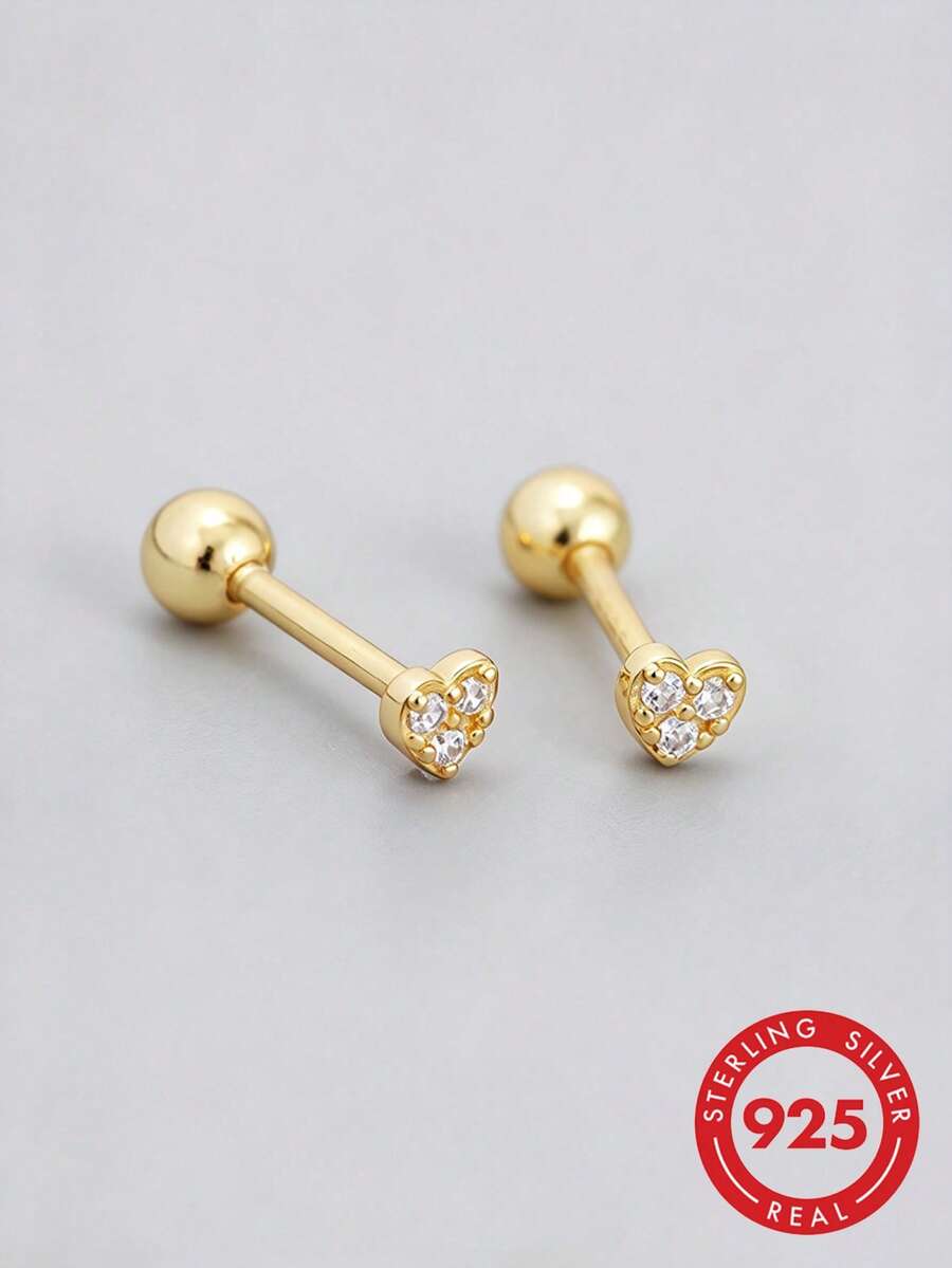 HuooNew 1pair Simple 925 Sterling Silver Inlaid Rhinestone Golden Heart Stud Earrings Suitable For Women's Daily Wear Valentines - Yellow Gold - View 1