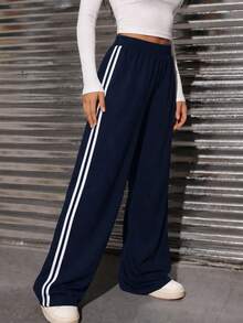 1pc Girls/Teen Girls Side White Stripe Wide Leg Sweatpants Loose Casual Sports Long Pants Autumn/Winter - Blue - View 6