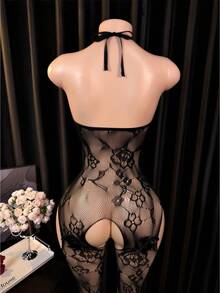 Women's Halter Neck Elastic Fishnet Bodysuit With Pantyhose - Black - View 3