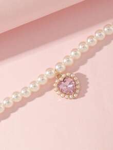 1pc Girls Sweet Faux Pearl Collarbone Chain Pink Heart Rhinestone Pendant Necklace Luxury Youth Style Choker Accessory - White - View 7
