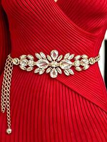 1pc Women's Rhinestone Inlaid Chain Waist Belt, Elegant Silver-Tone Waist Chaingraduation - Black - View 7