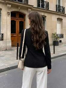 Elegant Women's Black Long Sleeve Asymmetrical Wrap Blazer, Regular Length Polyester Jacket, Autumn Premium Outfit Essential - Black - View 4