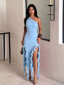 Women's Autumn Blue Sexy Asymmetrical Shoulder Ruffle Hem Slit Spaghetti Strap Dress, Back To School, Party - Blue - View 3