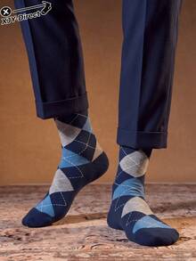 5 Pairs Random Assorted Men's Business Casual Mid-Calf Socks, Breathable, Sweat-Absorbent, Soft, Skin-Friendly, High-Elastic Ribbed Cuff, Navy Blue Series Striped, Argyle, Star Pattern, Multi-Style, Office, Commute, Home, Daily Wear, All-Season - Multicolor - View 2
