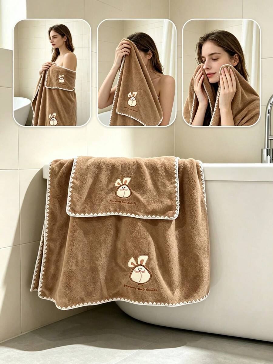 1pc Thickened Coral Fleece Towel Bath Towel 34*75cm 70*140cm Absorbent Quick Drying No Shedding Exquisite Embroidery Suitable For Bathroom Face Washing Bathing Outdoor Travel Multiple Occasions - Brown - View 1