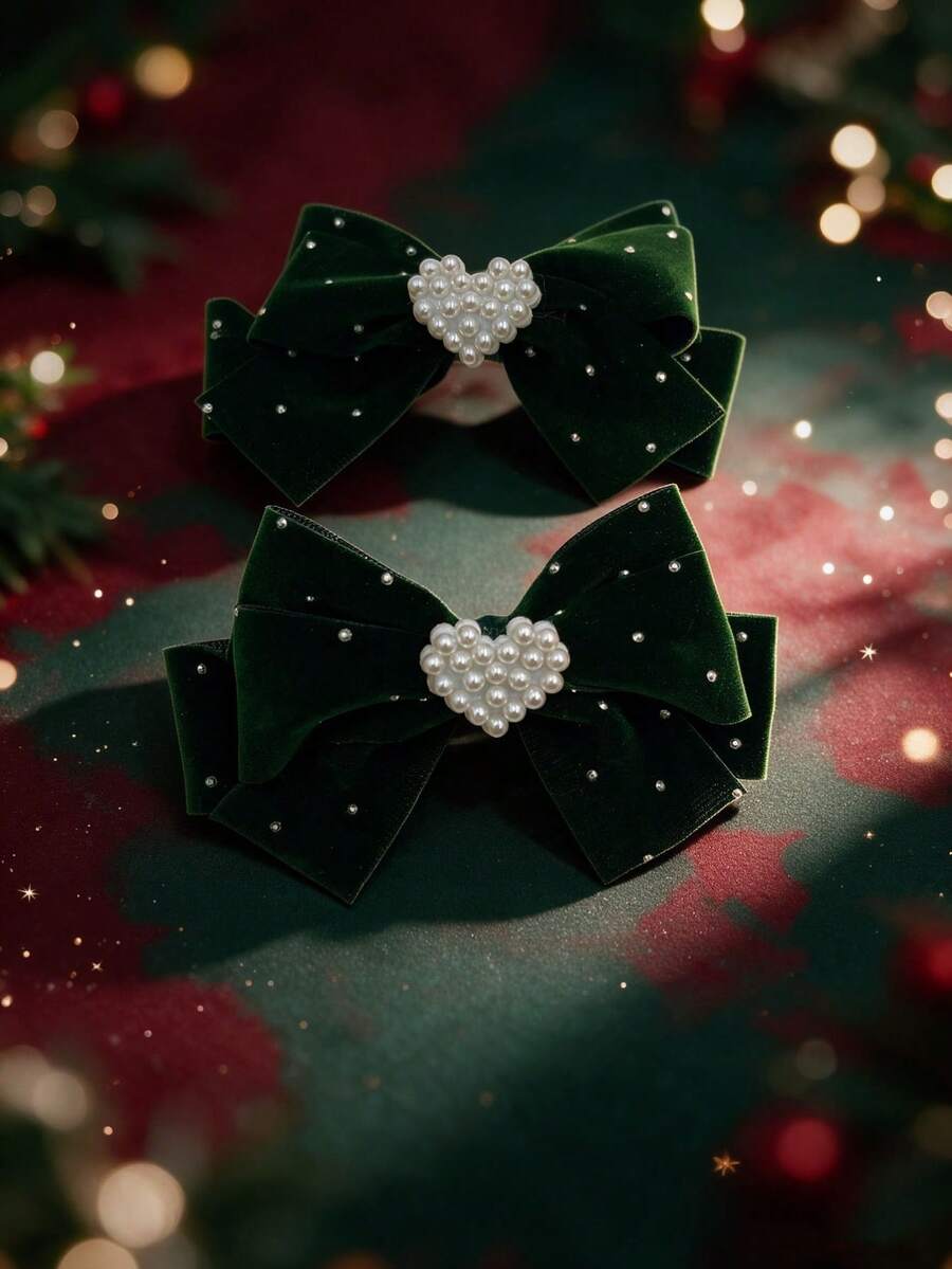 2pcs Valentine's Day Velvet Hair Clips, Red Rhinestone Heart Bow Hair Clips, Girly Style Hair Accessories, Suitable For Valentine's Day Party, Exquisite Gift For All Seasons - Dark Green - View 1