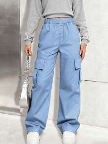 1 pieza Pantalones cargo casuales sueltos de unicolor de moda para niñas preadolescentes con múltiples bolsillos, para primavera/otoño - Neblina azul - Ver 6