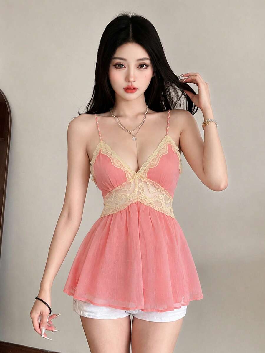 Top Dazzle Women's Fashion Pink Spaghetti Strap Camisole, Ruffle Collar Design With Delicate Lace Trim, Suitable For Summer - Pink - View 1