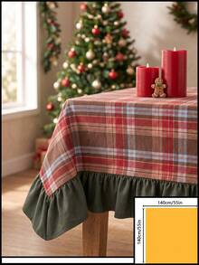 1pc Red And Green Plaid Tablecloth, Country Pastoral Style, Fabric Material, Rectangular Shape, Green Ruffle Trim Decoration, Beautifies And Protects Tabletop, Functional Dining Tablecloth Suitable For Christmas And Winter Home Decor Scenes - Red - View 16