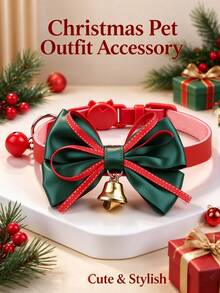 Christmas Style Pet Bow Collar, PU Leather Collar, Red & Green Satin Large Bow With Gold Bell, Suitable For Cats And Dogs, Built-In Anti-Choke Buckle, Adjustable Size, Comfortable To Wear Without Choking, Strong Holiday Atmosphere, Suitable For Christmas Photos, Party Dress-Up, Holiday Gift For Furry Friends, Built-In D-Ring For Leash Attachment, Suitable For Small And Medium Dogs And Cats - Multicolor - View 1