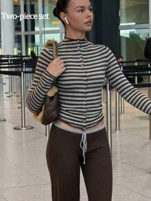 MORI Fall Winter Women Sweaters Casual Y2K Basic Brown Striped Cardigan Round Neck Cropped Button Up Knit Tops Daily Lounge Outfits - Brown and Grey - View 2
