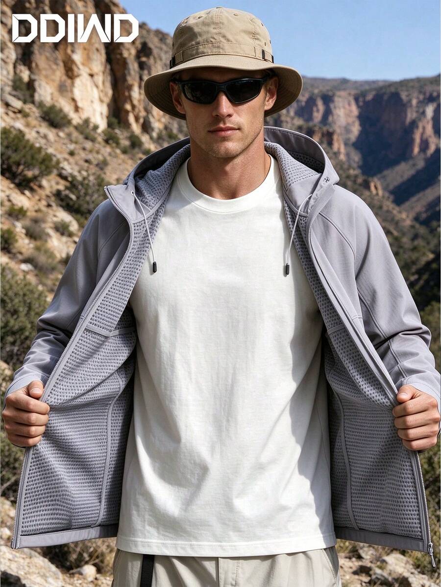 Men's Textured Outdoor Camping Hiking Climbing Commuting Jacket, Thermal Lined Autumn Apparel, Minimalist Versatile Workwear Jacket Hoodie