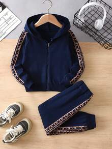 2pcs/Set Boys Casual Solid Color Plaid Pattern Raglan Sleeve Hooded Cardigan Sweater And Casual Solid Color Plaid Knit Long Pants, Suitable For Daily Wear In Spring, Autumn And Winter - Navy Blue - View 1