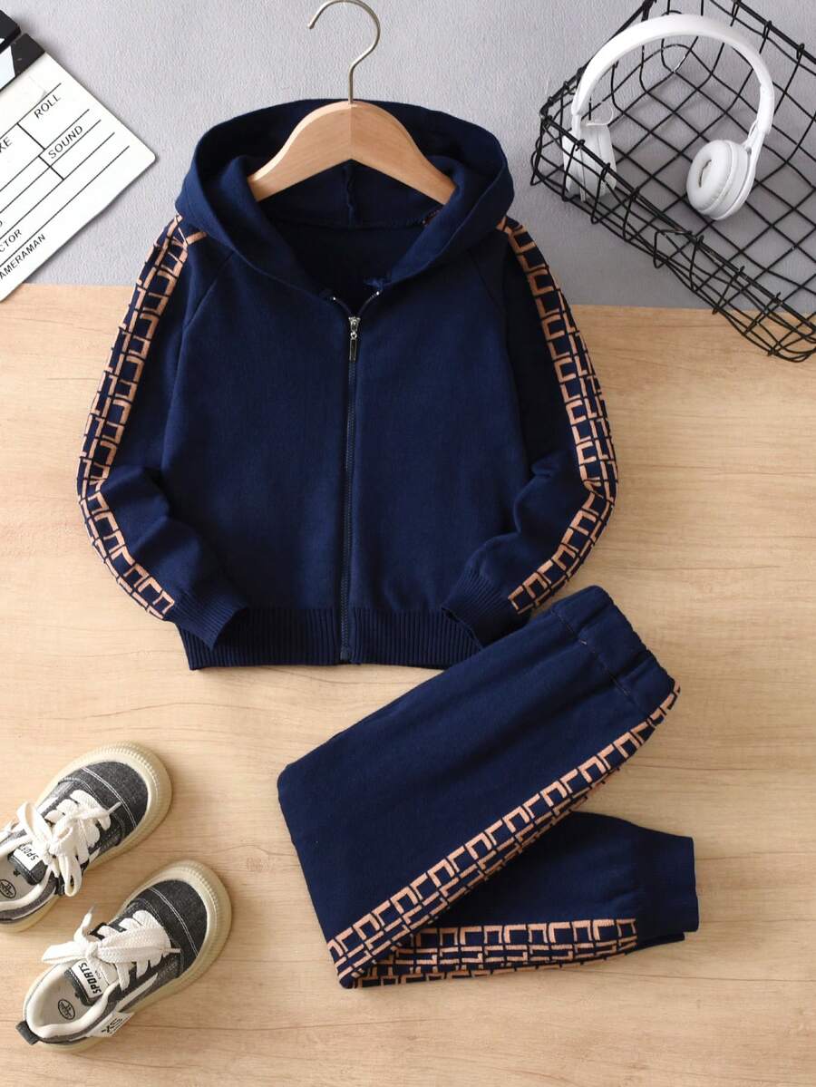 2pcs/Set Boys Casual Solid Color Plaid Pattern Raglan Sleeve Hooded Cardigan Sweater And Casual Solid Color Plaid Knit Long Pants, Suitable For Daily Wear In Spring, Autumn And Winter - Navy Blue - View 1