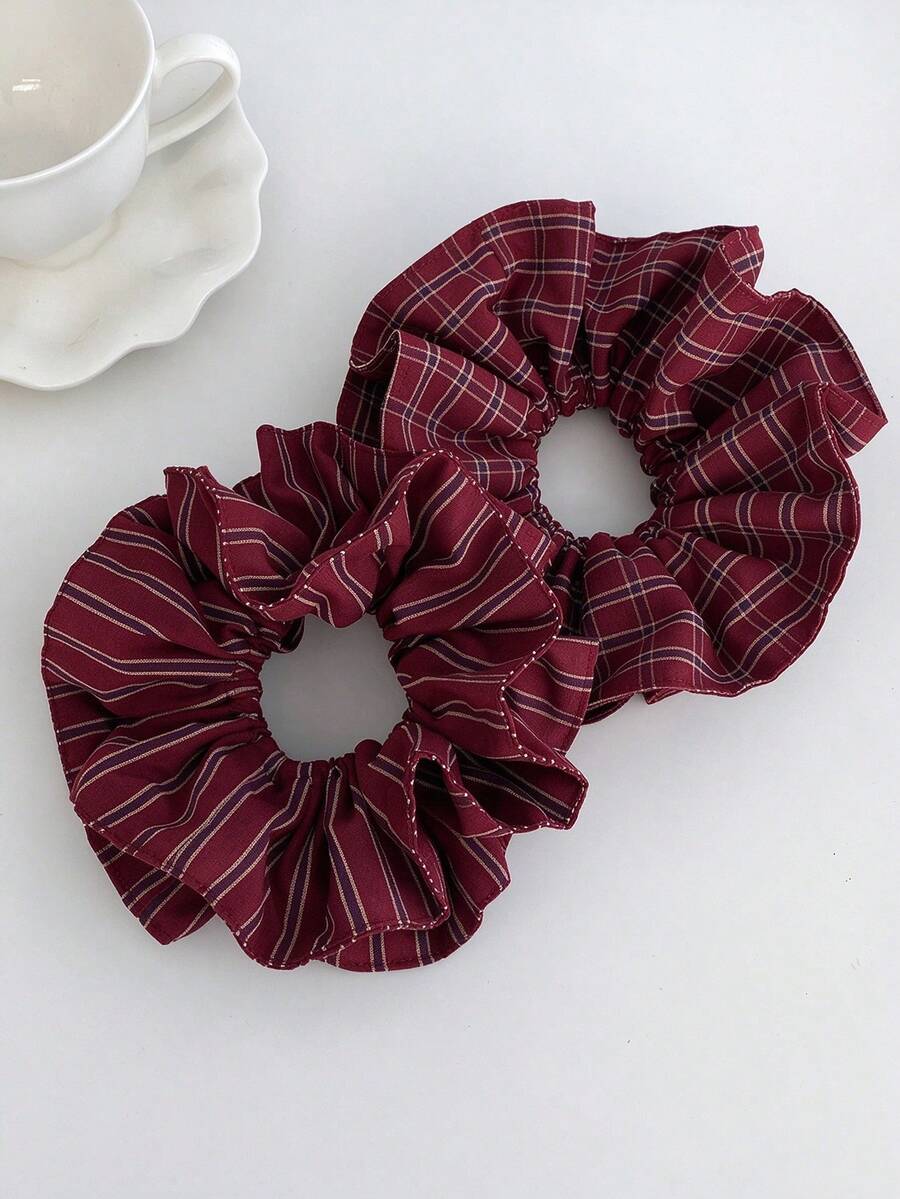 1pc Vintage Red Plaid Striped Slim Waist Hair Tie, New College Style Premium Versatile Bun Hair Accessory - Multicolor - View 1