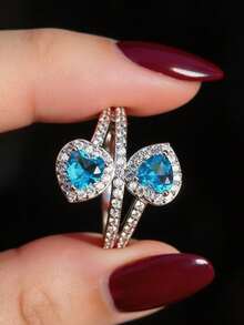 1pc Women's Blue Cubic Zirconia Cross Ring, Double Heart Design, Anniversary Gift, Without Gift Box - Blue - View 1
