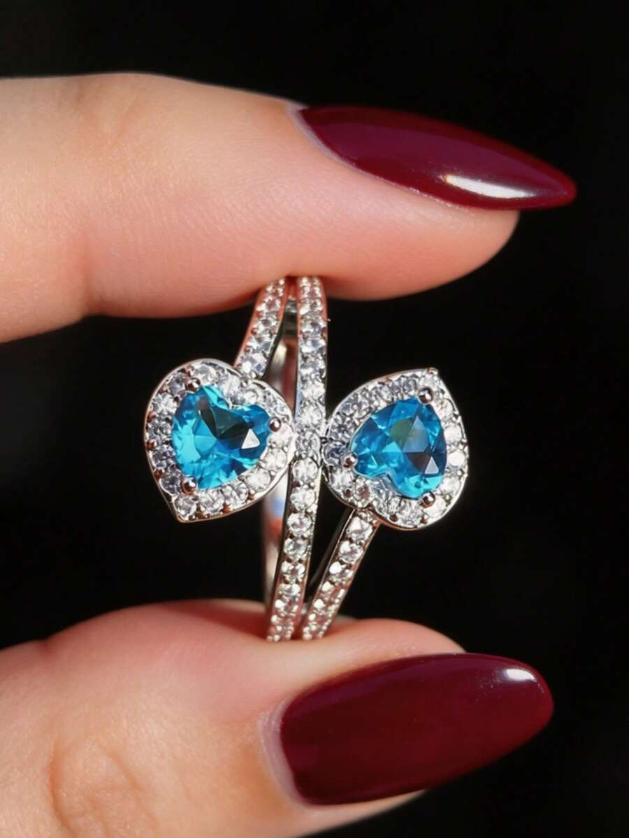 1pc Women's Blue Cubic Zirconia Cross Ring, Double Heart Design, Anniversary Gift, Without Gift Box - Blue - View 1
