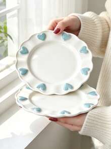 4pcs/2pcs/1pc Cute Embossed Blue Heart Ceramic Plate Set, Wavy Edge White Porcelain Dinnerware, Ins Style Dessert Salad Snack Plate, Afternoon Tea Home Table Decor, Holiday Gift - Multicolor - View 6