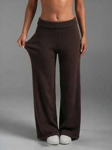 Women's Dark Brown Solid Knit Wide Leg Pants, Elastic High Waist Back Pockets Casual All-Match Daily Wear Long Trousers - Coffee Brown - View 3