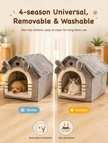 Rumah Hewan Peliharaan Berbentuk Vila Kartun Abu-abu, Sarang Hangat Tertutup yang Dapat Dilepas dan Dicuci, Tempat Tidur Gua Universal Empat Musim untuk Anjing dan Kucing Kecil - Grey - View 11