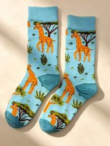 1 Pair Unisex Fun Cartoon Giraffe Print Mid-Calf Socks, Light Blue Forest Animal Pattern, Soft Comfortable Sweat-Absorbent Casual Long Socks, European And American Style, Personalized Outfit, Spring And Autumn Daily Commute Home Wear, Creative Gift Socks - Multicolor - View 5