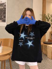 Women's Spring/Autumn Loose Fit Versatile Crew Neck Fashion Casual Letter & Heart Print Long Sleeve T-Shirt Black - Black - View 5