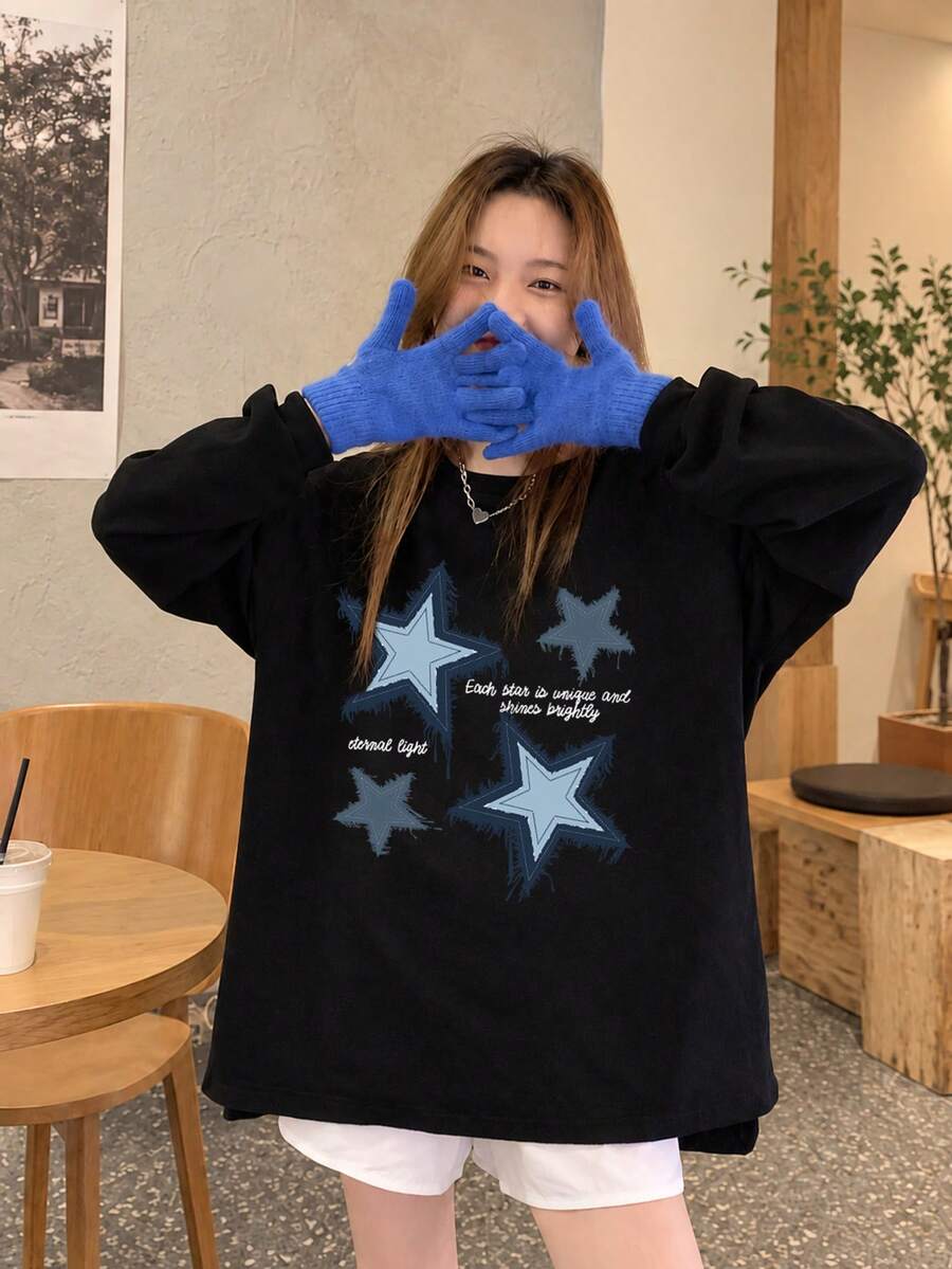 Women's Spring/Autumn Loose Fit Versatile Crew Neck Fashion Casual Letter & Heart Print Long Sleeve T-Shirt Black - Black - View 1