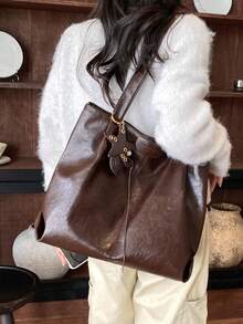 Tas jinjing wanita berbahan PU warna kopi terbaru untuk musim gugur dan musim dingin, simpel dan serbaguna, tas bahu/tas untuk bepergian dengan kapasitas penyimpanan besar. - Coffee Brown - View 4