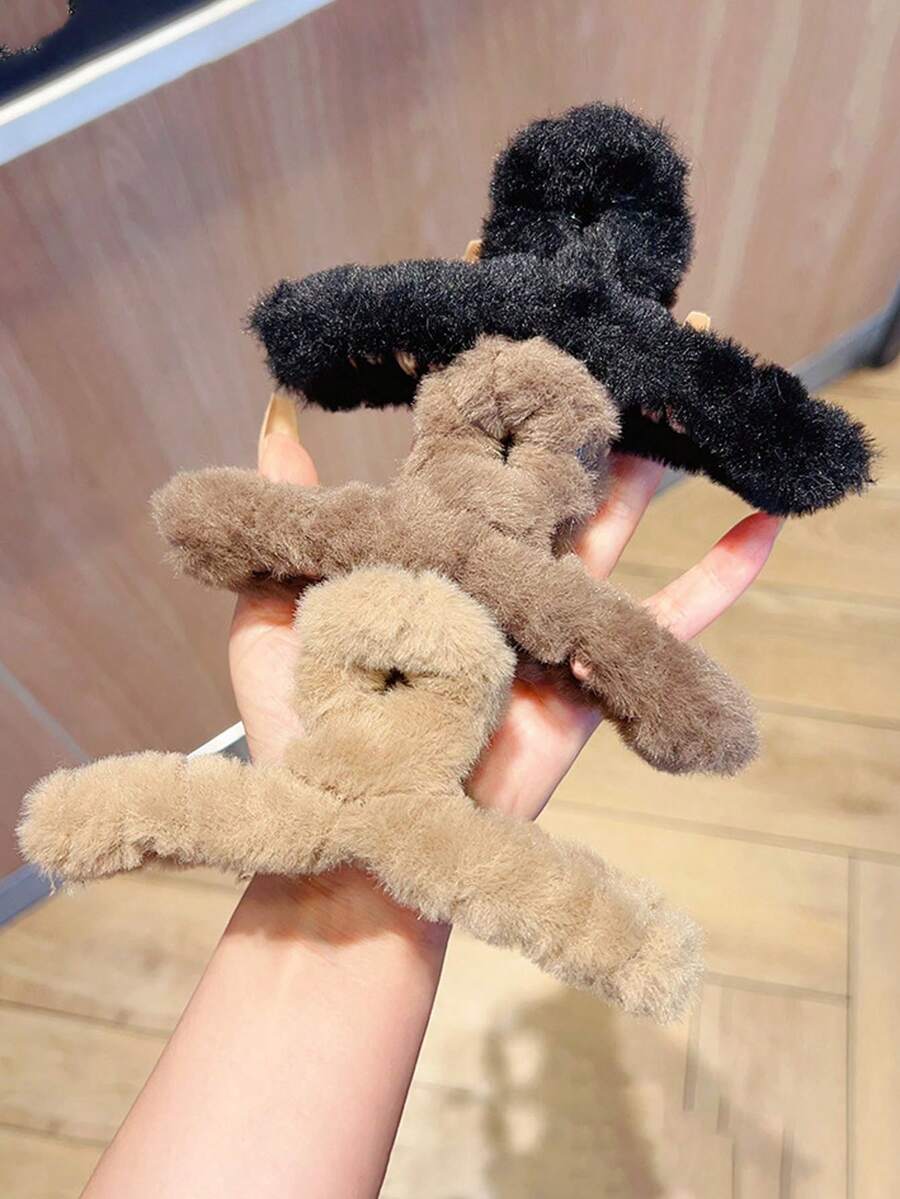 3件組 秋冬款奶咖色 12cm 毛絨髮夾 - 彩色 - 查看 1