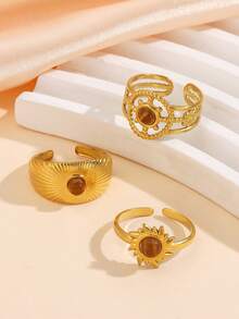 3pcs Stainless Steel 18k Gold Plated Fashionable Peacock Stone, Turquoise, Tiger Eye Open Ring Set. Suitable For Women's Daily Wear. Autumn/Winter Essential. - Multicolor - View 9