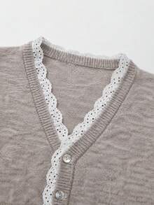 Women's New V-Neck Knit Cardigan, Autumn/Winter, Casual, Academic, Commute - Light Oatmeal - View 7